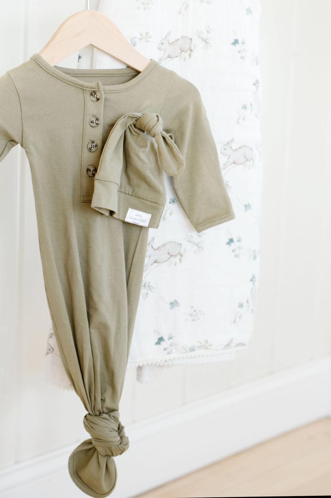 Baby Organic Knotted Gown + Top Knot Hat - Sage