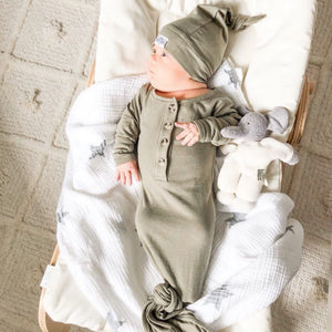 Baby Organic Knotted Gown + Top Knot Hat - Sage