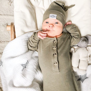 Baby Organic Knotted Gown + Top Knot Hat - Sage
