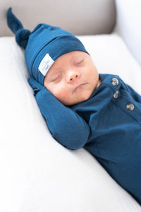 Baby Organic Knotted Gown + Top Knot Hat - Navy