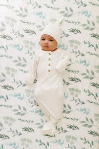 Baby Organic Knotted Gown + Top Knot Hat - Sugar (white)