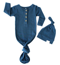 Load image into Gallery viewer, Baby Organic Knotted Gown + Top Knot Hat - Navy