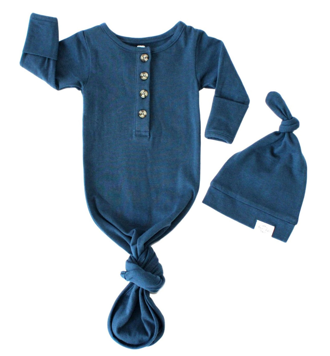 Baby Organic Knotted Gown + Top Knot Hat - Navy