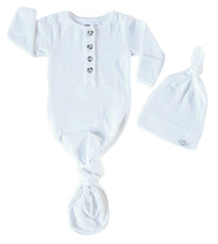 Load image into Gallery viewer, Baby Organic Knotted Gown + Top Knot Hat - Sugar (white)