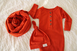 Baby Organic Knotted Gown + Top Knot Hat - Rust